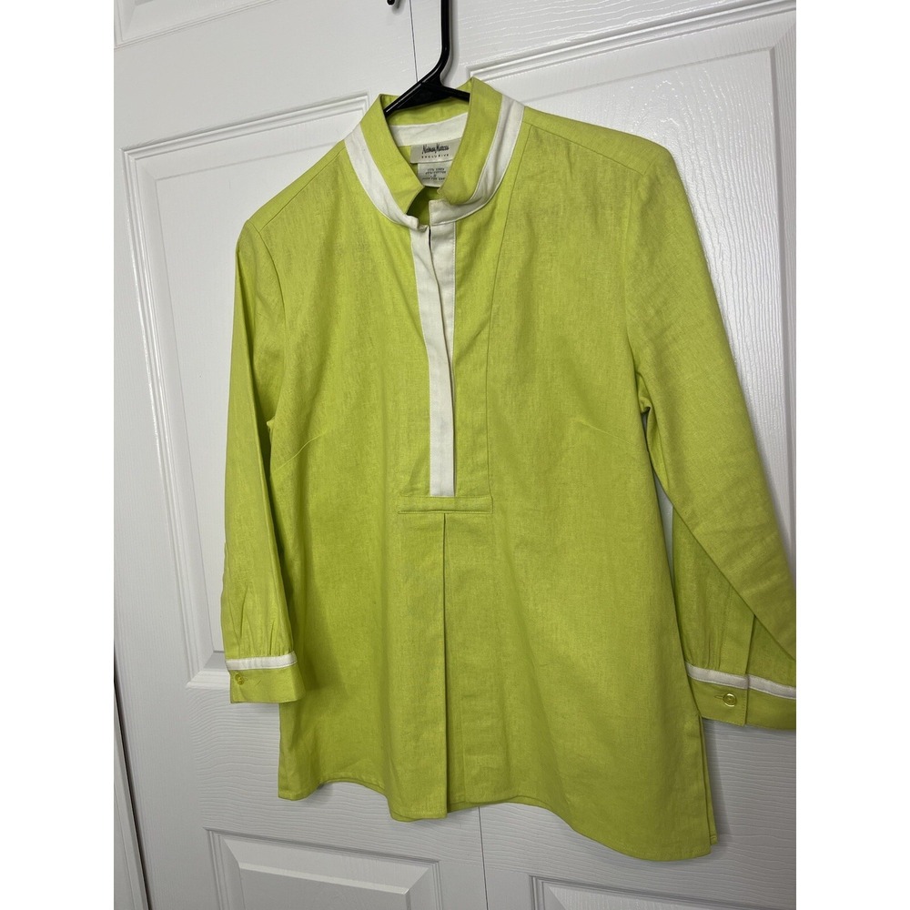 Neiman Marcus Vintage Green Unique Collared Long Sleeve Linen Cotton Blouse S